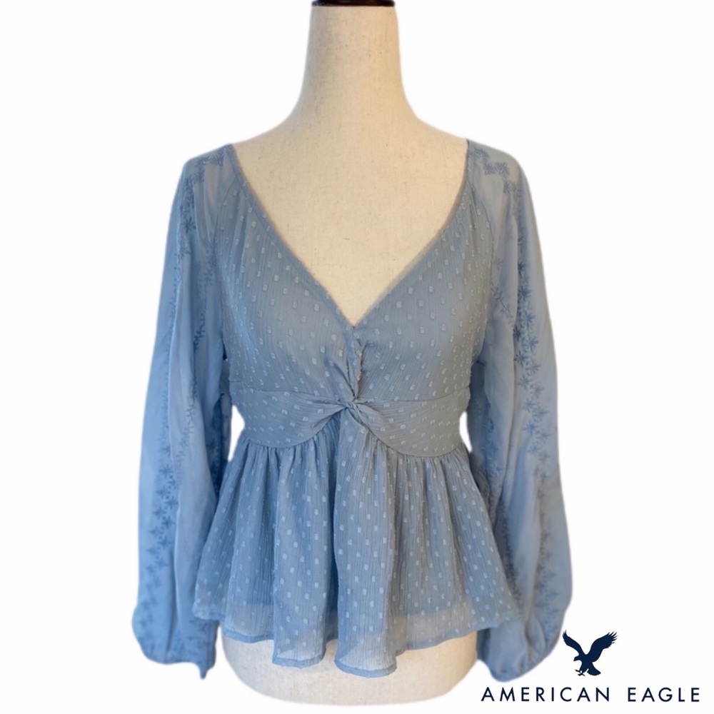 American Eagle Outfitters Long Sleeve Swiss Dot Twist Top